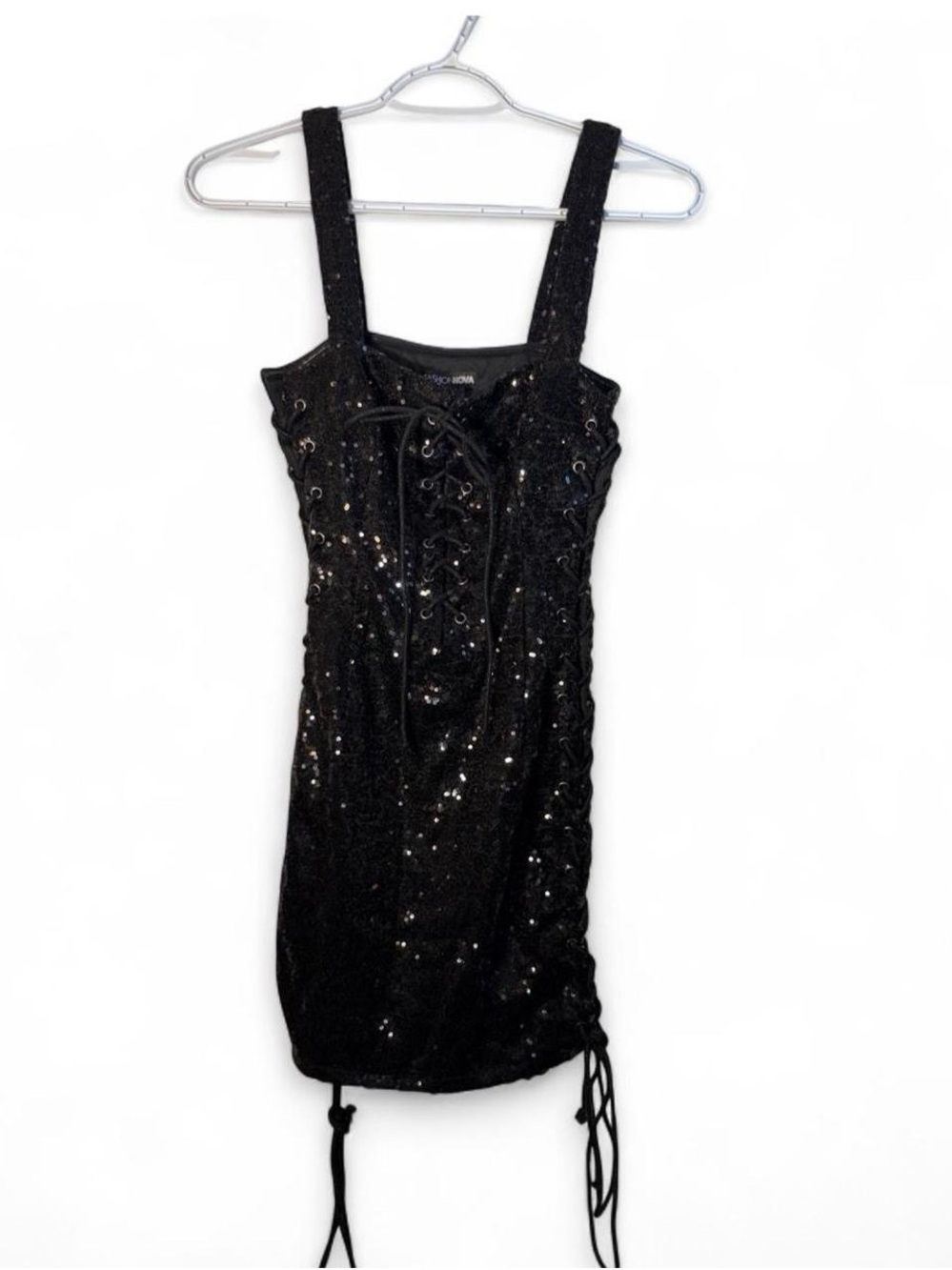 Black Sequin Lace-Up Bodycon Dress - Picture 2 of 9